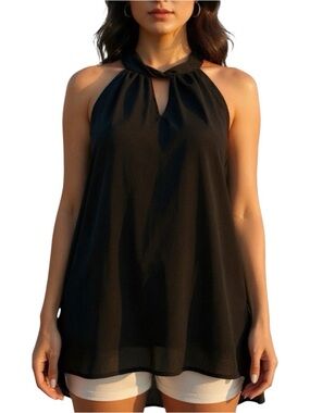 Elegant Black Halter Top Women's XL High Neck Classy Date Night Chiffon Blouse‎